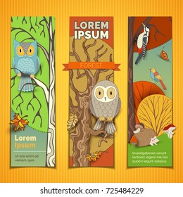 Vector set of woodland vertical banners. Cartoon owls on tree branches. Hedgehog under autumn tree. Woodpecker on tree trunk. Mushrooms, trees and leaves in cartoon style. Autumn woodland elements.