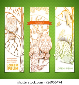 Vector set of woodland vertical banners. Doodles owls on tree branches. Hedgehog under autumn tree. Woodpecker on tree trunk. Mushrooms, trees and leaves in contour style. Autumn woodland elements.