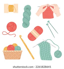 Vector set with wool yarn balls and skeins. Knitting needles and crochet hook. Wicker basket with wool yarn balls. Cozy crafting hobby. Knitting collection in flat design. svg