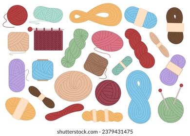 Vector set with wool yarn balls and skeins. Knitting needles. Skein, ball, bobbin. Hobby tools collection.