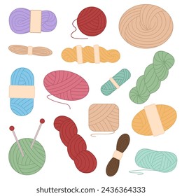 Vector set with wool yarn balls and skeins. Knitting needles. Skein, ball, bobbin. Hobby tools collection.