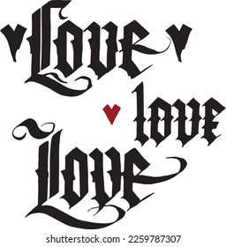 Vector set: word love written different ways in gothic font by black ink and small hearts. Isolated on white elements for design card, poster, illustation.