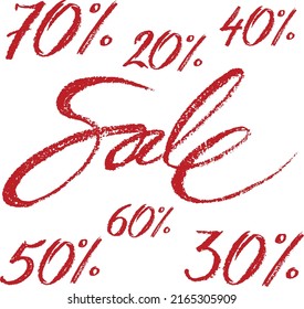 Vector set : word sale and numbers of discount percents. Element in sketch style for design shop, market