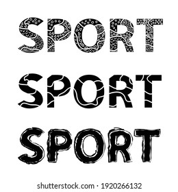Vektor setzt Wort Sport geschrieben mit abstrakten Ornamenten Linien.