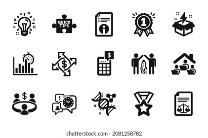 Vector set of Work home, Creative idea and Technical info icons simple set. Time management, Legal documents and Chemistry dna icons. Meeting, Reward and Idea signs. Vector