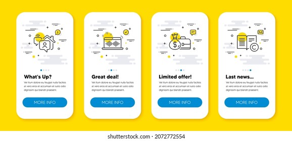 Vector set of Work home, Music making and Salary line icons set. UI phone app screens with line icons. Copyright icon. Freelance work, Dj app, Diplomat with money bag. Copywriting book. Vector