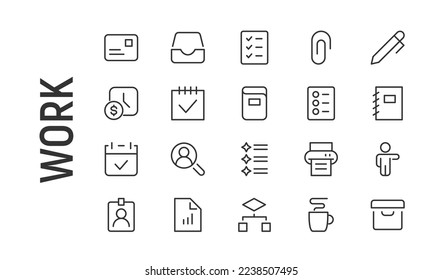 Vector set of work thin line icons. Design of 20 stroke pictograms. Signs of work isolated on a white background.