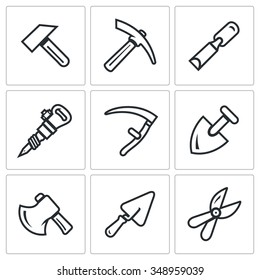 Vector Set of Work Tools Icons. Repair, Mine, Craft, Roadwork, Haying, Digging, Cutting, Construction, Gardening. Hammer, Kirk, Chisel, Plugger, Scythe, Shovel, Axe, Trowel, Pruner.