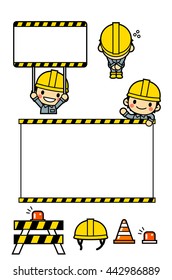 Vector Set of Worker Character with Various Objects and Message Boards Isolated on White Background.