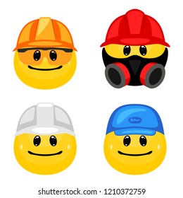 Vector set of worker emoticons. Collection of face icons wearing profession hats and masks in cartoon style on white background.