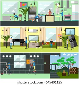 Vector set of workers profession posters, banners. Woodcutter, electrician, plumber, welder, loader and gasman services flat style design elements.