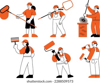 Vector set of workers in uniform and overalls doing housework housekeeping concept