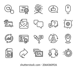 Vector set of Workflow, Approved mail and Timer line icons set. Photo album, Scroll down and Cogwheel icons. Seo certificate, Work home and Feedback signs. Workflow web symbol. Vector