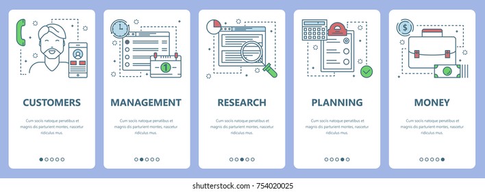 Vector set of workflow concept vertical banners. Customers, Management, Research, Planning and Money web elements. Modern thin line flat symbols, icons for website menu, print.