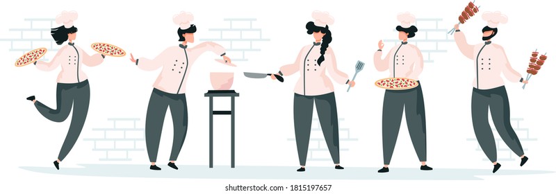 Vector set of working chefs. People with food. Barbecue, pizza. Kitchen workers on a white background.