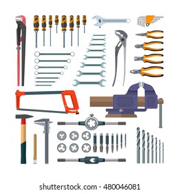 Vector set of working tools in flat style. Design elements and icons isolated on white background. Construction and home repair. Tap holder and screw threading die.