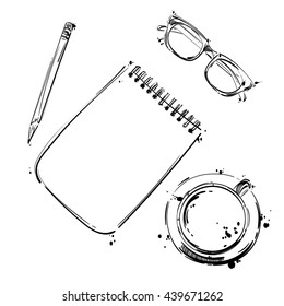 Vector set of working tools: notebook, pen, glasses, cup of coffee. Office desk . Business. Top view . Workplace. Isolate on white background.