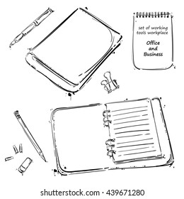 Vector set of working tools: notebook, pen, pencil, eraser, paper clip. Office table. Business. Isolate on white background.
