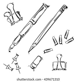 Vector set of working tools: pen, pencil, eraser, paper clip button. Office table. Business. Isolate on white background.