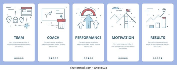 Vector set of workshop concept vertical banners. Team, coach, performance, motivation and results concept elements. Thin line flat design symbols, icons for website menu, print.