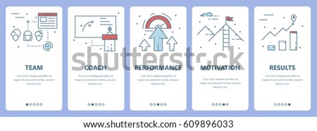 Vector set of workshop concept vertical banners. Team, coach, performance, motivation and results concept elements. Thin line flat design symbols, icons for website menu, print.
