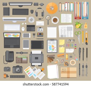 Vector set. Workspace businessman. Items on the desktop. Top view. Computer hardware and gadgets. Stationery. Paper and desktop objects. View from above. 