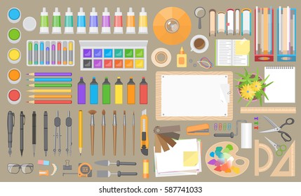 Vector set. Workspace creator, artist, designer. Top view.
Paper and desktop objects. Paints and stationery. (View from above) 

