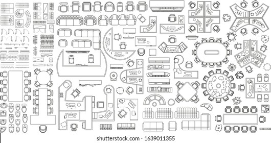 Vector set. Workspace. Office furniture. (top view) Desks, chairs, cabinets, sofas, computers, conference room, reception. (view from above)