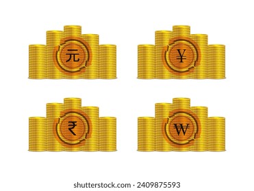 Vektorset der Weltwährungen. Stapel von Goldmünzen auf weißem Hintergrund. Chinesischer Yuan, Indischer Rupee, Japanischer Yen und Koreanischer Won. Finanzierung der Sammlung von Symbolen. Kehrt zurück. Bargeld.