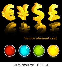 vector set of world currency signs and buttons over black