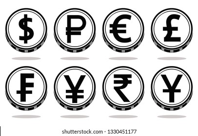 Vector set of world currency symbols black color on coins with signs: dollar, euro, pound, franc, ruble, yen, rupee, yuan isolated on white background. Financial logos.