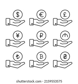 Vector Set Of World Currency Symbols. Money In Hand Icon