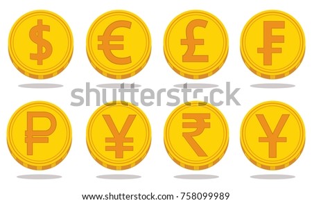 Vector set of world currency symbols in the form of gold coins with signs: dollar, euro, pound, franc, ruble, yen, rupee, yuan isolated on white background. Financial logos.