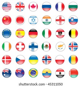 Vector set of world flags: USA, United kingdom, Canada, Russia, Japan, Brazil, Israel, France, Spain, Germany, Italy, Euro, India. File EPS 10 with transparency and overlay