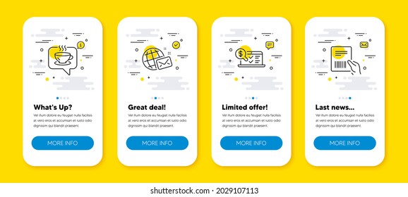 Vector set of World mail, Coffee and Online accounting line icons set. UI phone app screens with line icons. Parcel invoice icon. Chat, Cafe, Web audit. Delivery document. Phone UI banners. Vector