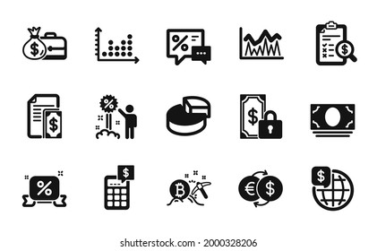 Vector set of World money, Salary and Investment icons simple set. Discounts, Money exchange and Private payment icons. Pie chart, Payment and Discounts ribbon signs. Vector