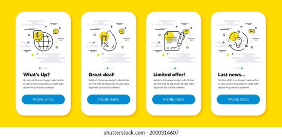 Vector set of World money, Signing document and No alcohol line icons set. UI phone app screens with line icons. Idea icon. Global markets, Contract, Mineral oil. Lightbulb. Phone UI banners. Vector