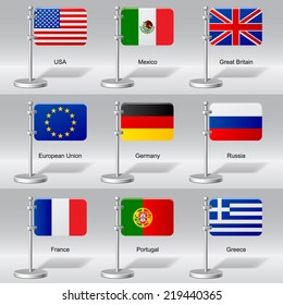Vector set of world table flags. Version 10. Transparent drop shadow