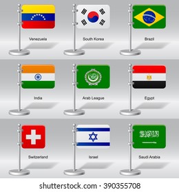 Vector set of world table flags. Transparent drop shadow. Vector illustration