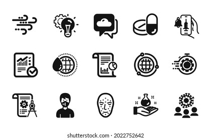 Vektorset von World Water, Vaccine Ankündigung und Checked Berechnung Icons einfache Set. Dokumentsymbole für Berichte, Globale und Dividenden. Idea Getriebe, Seo Timer und Coronavirus Schilder. Vektorgrafik