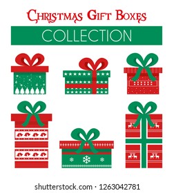 Vector set of wrapped gift boxes, present and New Year symbols for holidays, celebration, event. Cartoon illustration of gift collection in flat style decorated with bows for Christmas, Birthday party