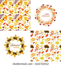 Vector set of wreath, border and seamless patterns. Autumn and Thanksgiving day greeting cards. Perfect for holiday invitations