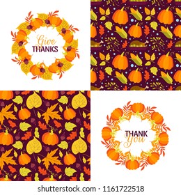 Vector set of wreath, border and seamless patterns. Autumn and Thanksgiving day greeting cards. Perfect for holiday invitations