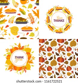 Vector set of wreath, border and seamless patterns. Autumn and Thanksgiving day greeting cards. Perfect for holiday invitations