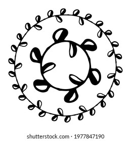 Vector set of a wreath of leaves with a blank space for text. a set of isolated round twig frames with rounded leaves with a half black color hand drawn black line in the style of a doodle on a white 
