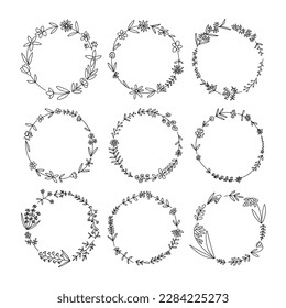 Vector set of wreathes with many summer flowers. Different wreathes with wild doodle flowers set