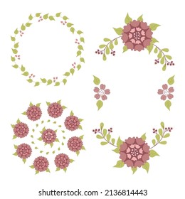 Vector set of wreaths with flowers, herbs, leaves, branches and flowering plants. Isolated on white background. Floral illustration for creating invitations, greeting cards, design and decor.
