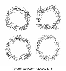 Conjunto vectorial de coronas de hojas y ramas, dibujadas a mano al estilo de los garabatos	