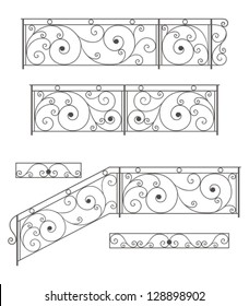 Vector set: wrought iron stairs railing, fence and grilles  isolated on white background