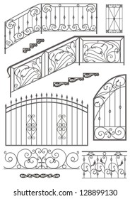 Conjunto de vectores: wíquet de hierro forjado, barandillas, vallas y parrilladas aisladas en fondo blanco